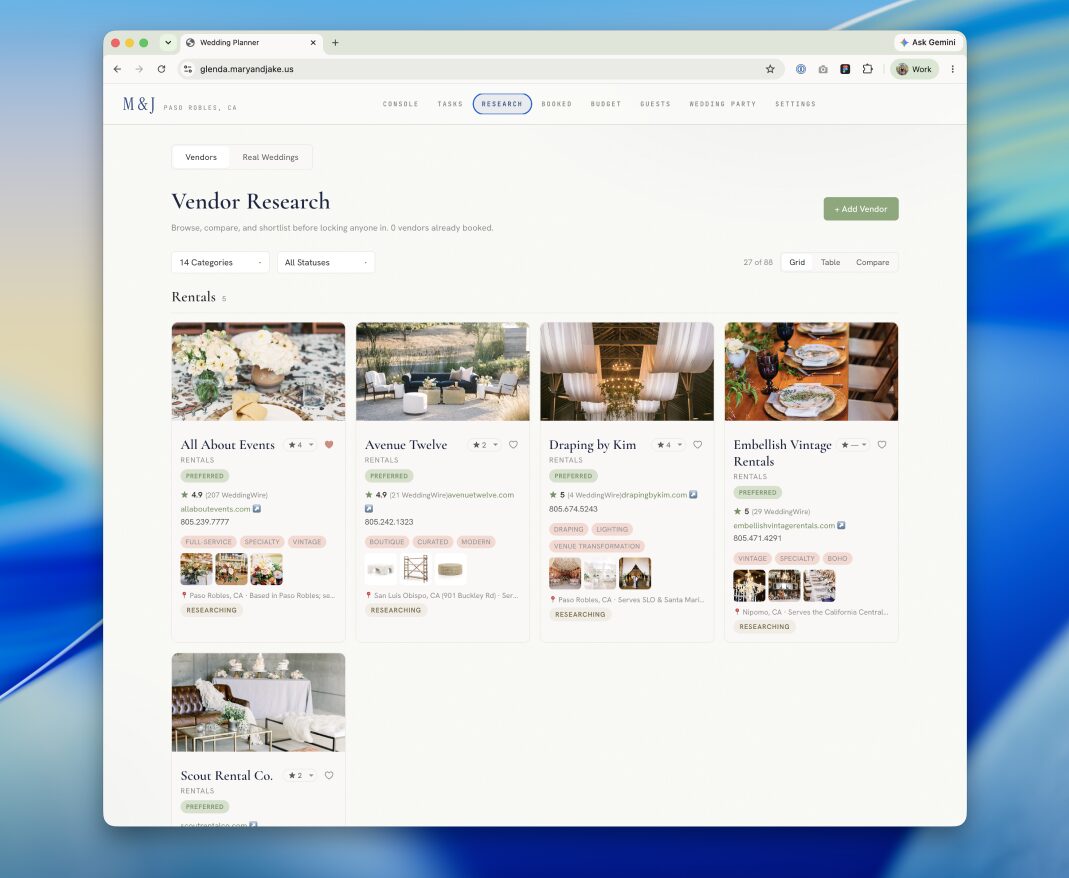 A Wedding Planner “Vendor Research” dashboard screenshot the agent keeps updated over text.