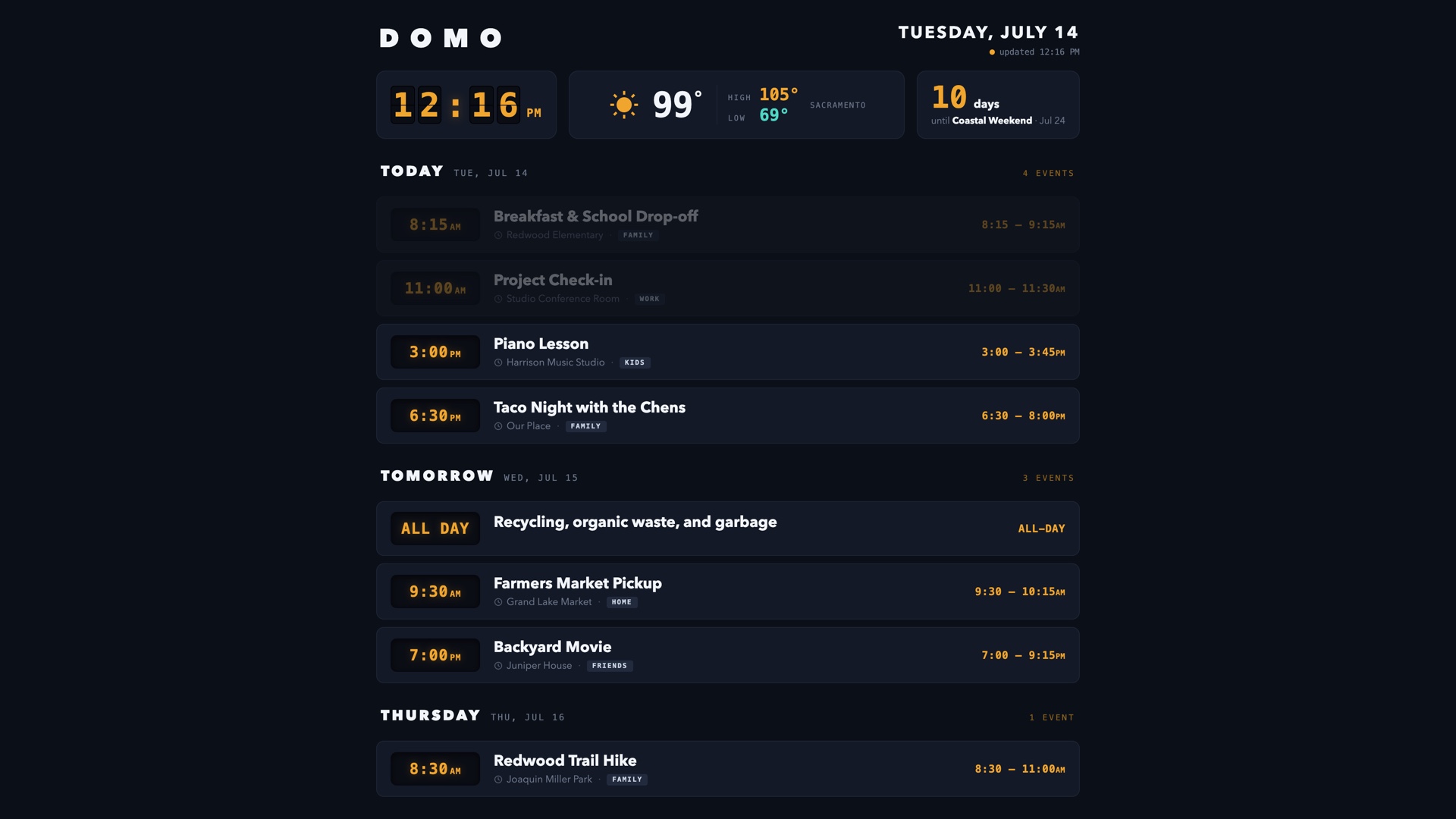 The Domo dashboard: a dark full-screen display with a flip clock, the weather, and the family agenda for today, tomorrow, and Thursday.