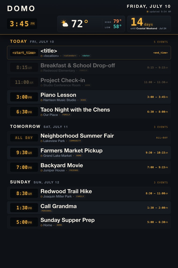 The Domo dashboard template: a dark dashboard with the DOMO wordmark, a flip-clock, weather and countdown cards, and a multi-day agenda. The first event row is a key for the builder labeling the fields - start time, title, location, calendar chip, date, end time - and is not rendered on the live dashboard; every other row is example data, with past events dimmed.